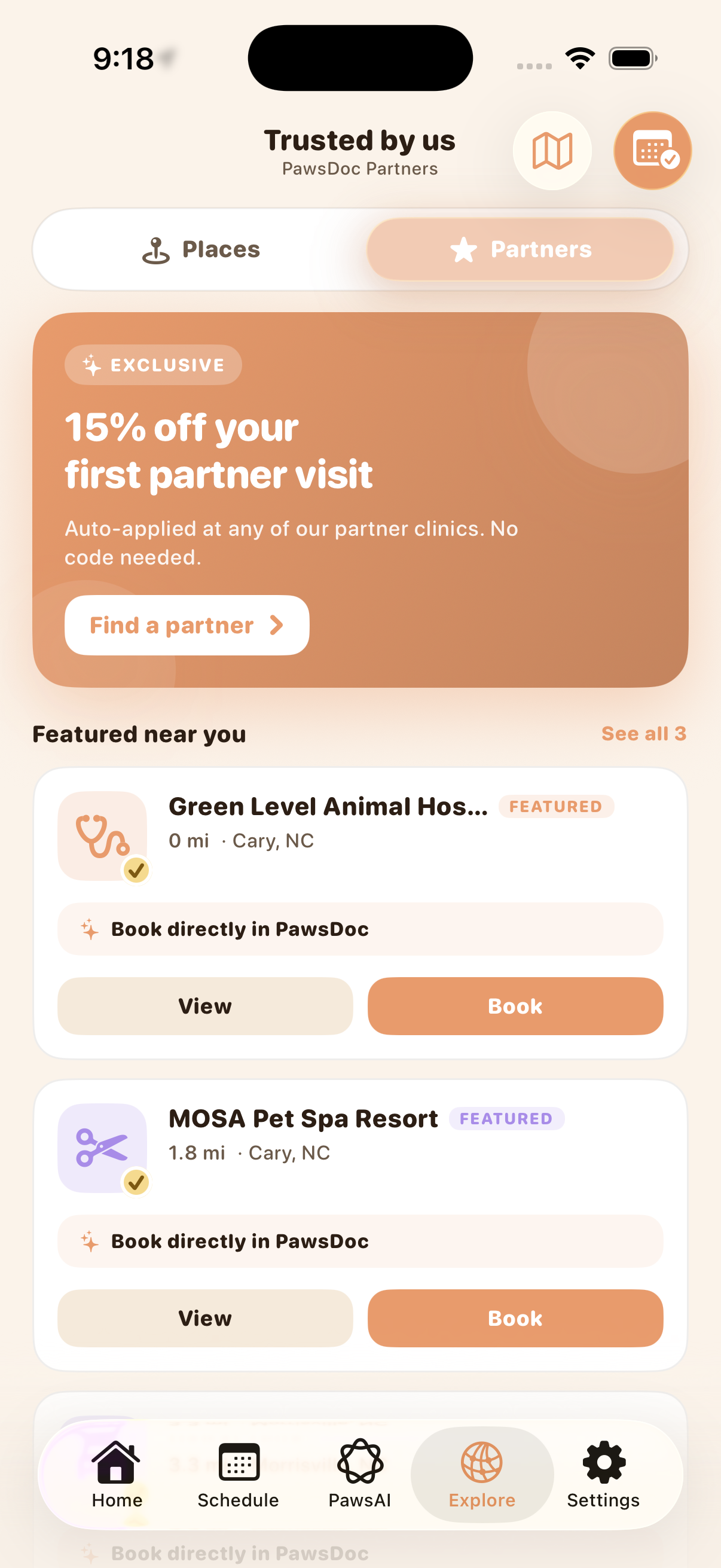 PawsDoc partners list in the app