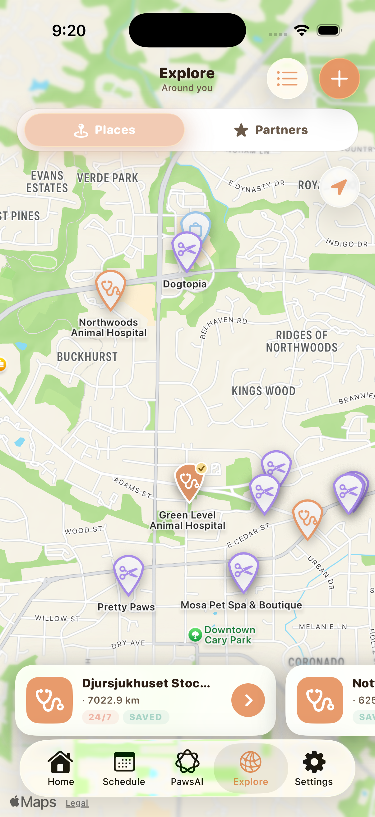 Partner pins on the PawsDoc map