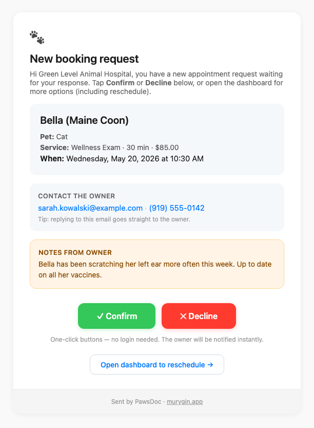 New booking request email to the partner
